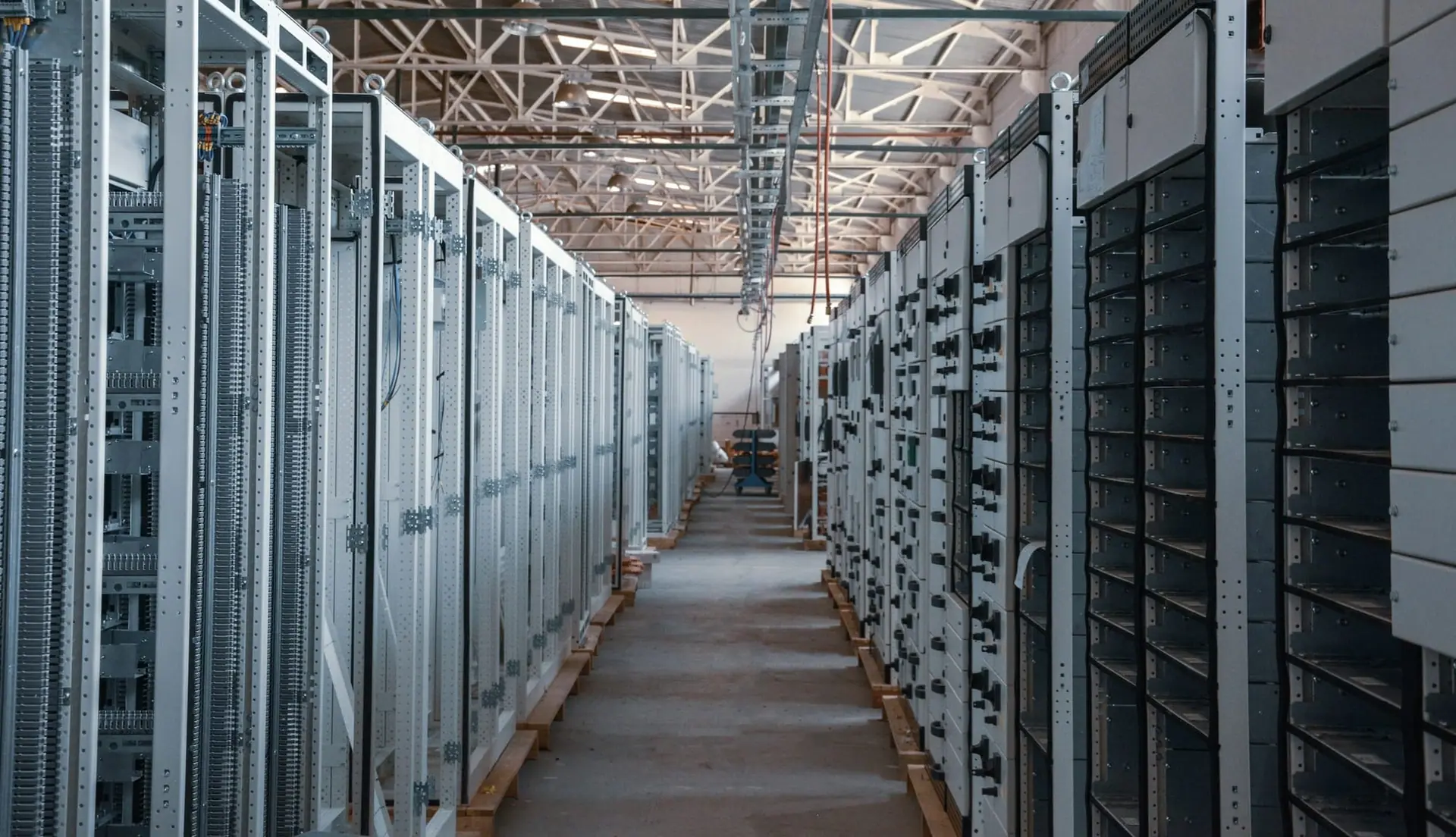 Aisle of electrical control and switchgear cabinets in a production hall